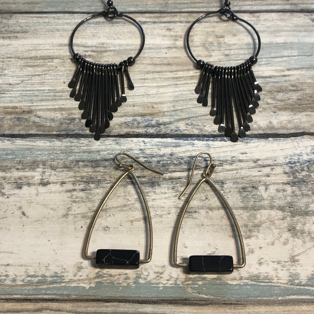 Large style Set of 2 Pairs EARRINGS Gold Tone Drop Gun Metal Gray Marble Bar
